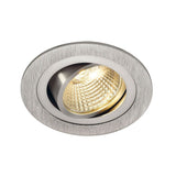 Runder Tria LED Downlight, 6W, Aluminium gebürstet, warmweiße COB LED, schwenkbarer Einsatz.