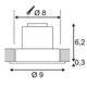 Technische Zeichnung des New Tria LED Downlight Square Weiß 6W 38° 2700K mit Abmessungen und Spezifikationen.