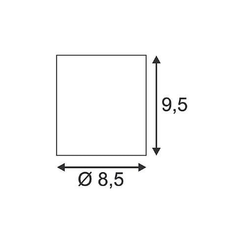 Maßzeichnung für quadratisches Produkt mit Ø 8,5 cm und Höhe 9,5 cm.