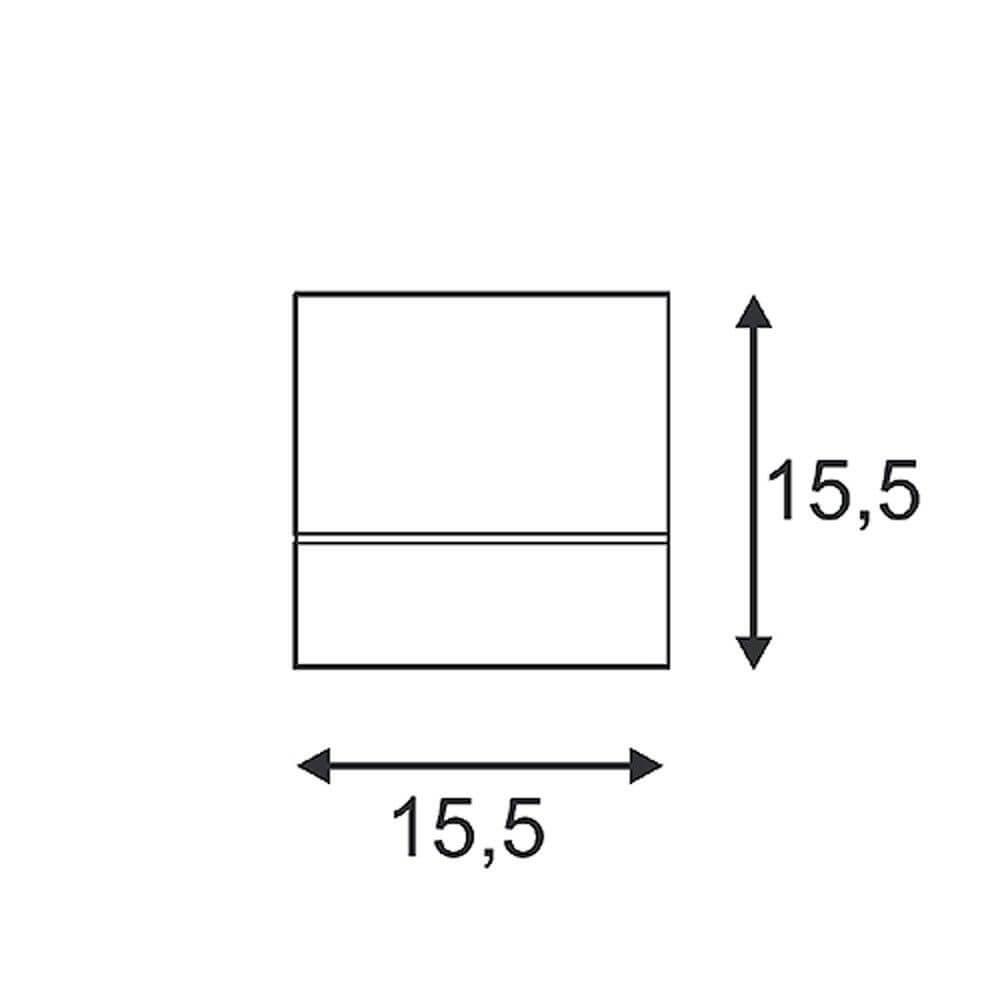 Maßzeichnung der Kardamod Surface Square ES111 Single Deckenleuchte Eckig Weiß mit 15,5 cm Breite und Höhe.
