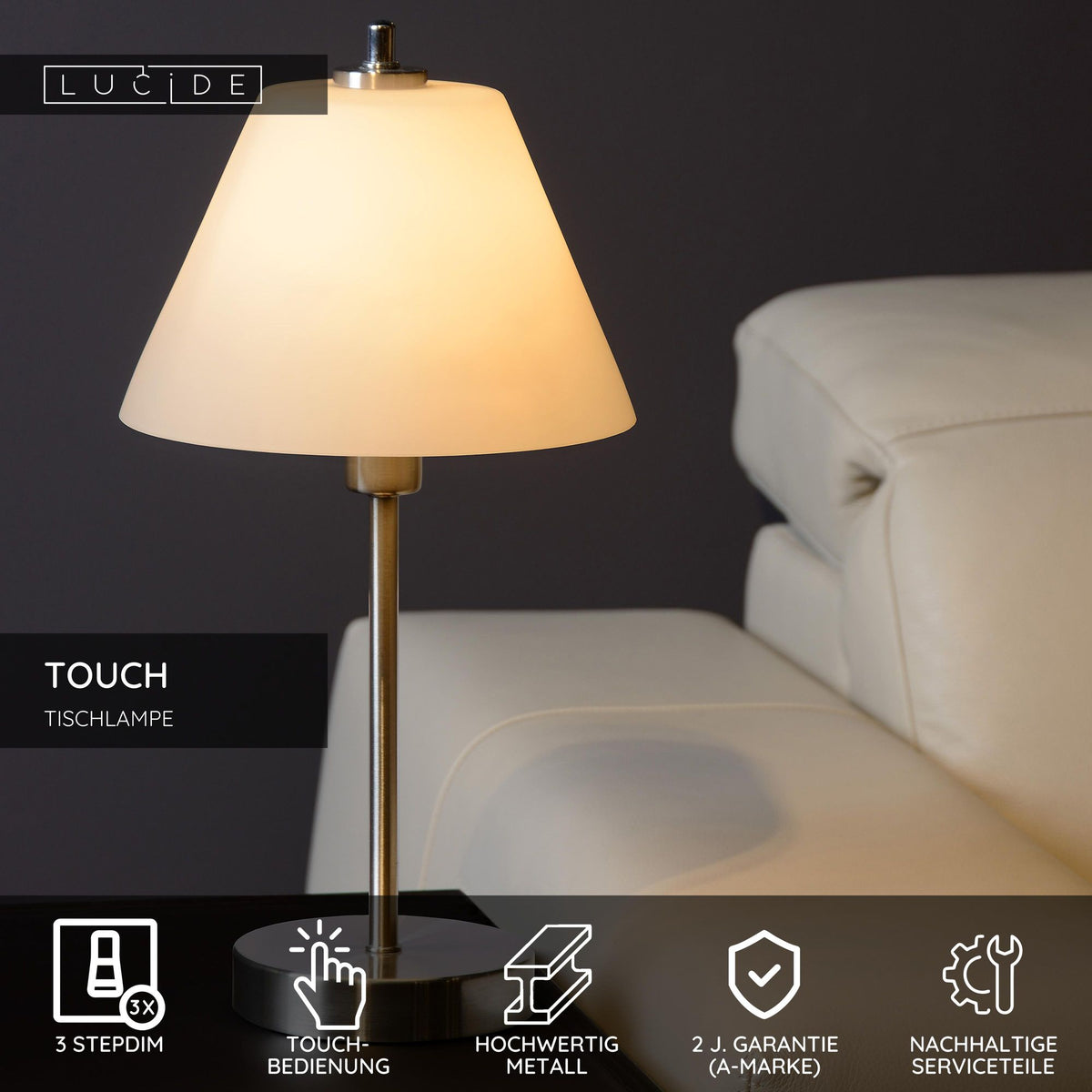 Tischleuchte Touch Touchdimmer mit Glasschirm Chrom (4)