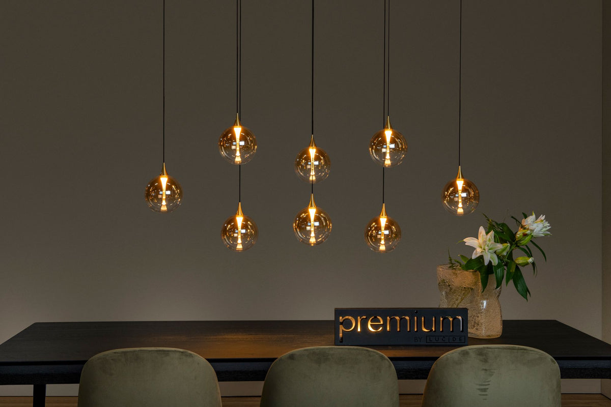 LED-Lampada a sospensione Gisela 8 luci dimmerabile vetro ambra 140cm (2)