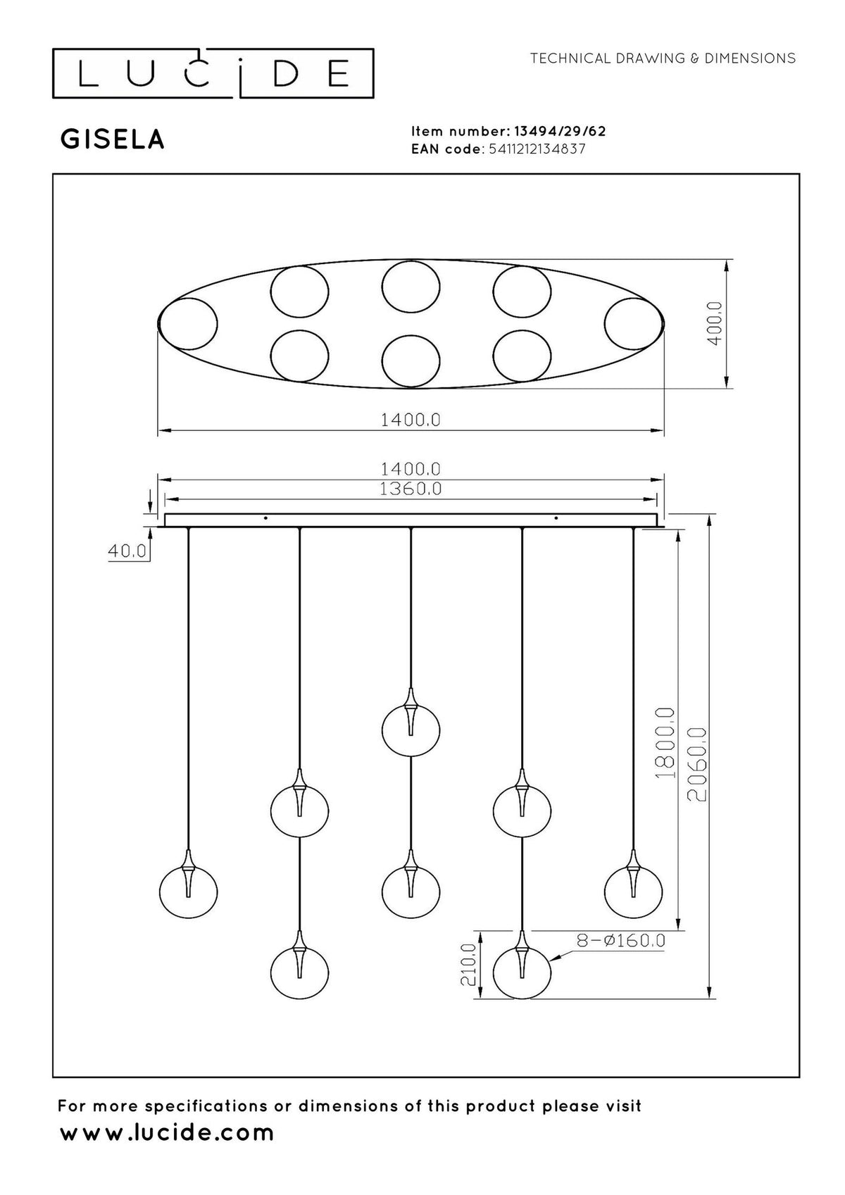 LED-Lampada a sospensione Gisela 8 luci dimmerabile vetro ambra 140cm (6)
