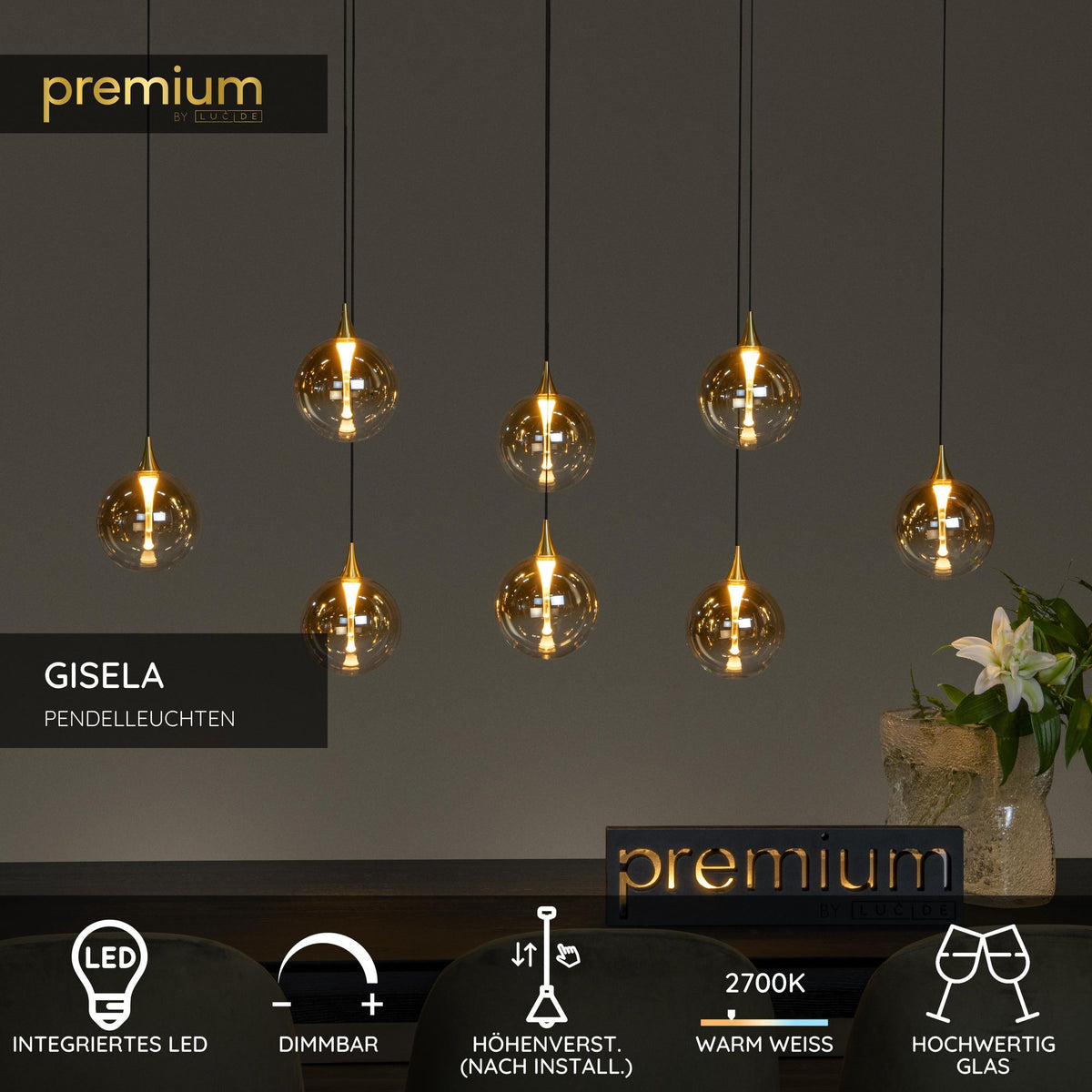 LED-Lampada a sospensione Gisela 8 luci dimmerabile vetro ambra 140cm (5)