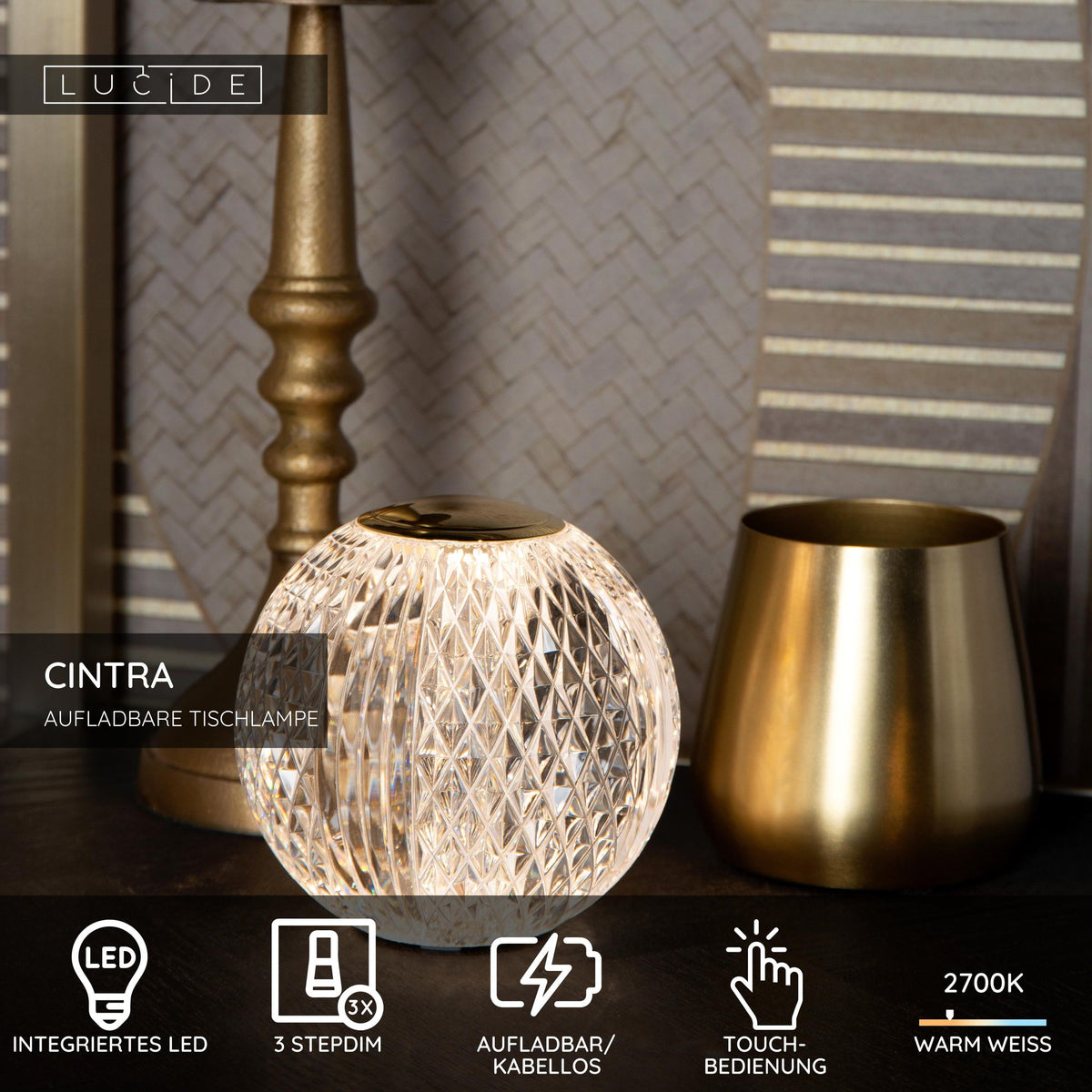 LED-Tischlampe Cintra mit Akku und Touchdimmer Ø 9cm Transparent (6)