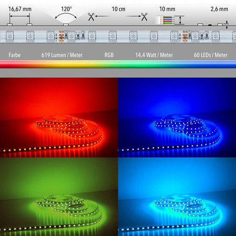 14, 4 W/m RGB IP65 24V 5m LED-Strip IP63 in verschiedenen Farben, leuchtend rot, grün und blau.