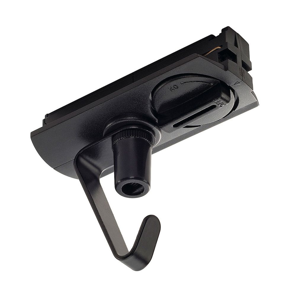 Adapter für 1-Phasen Hochvoltschiene Schwarz mit Haken zur Verbindung von Hochvoltleuchten.