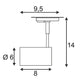 Technische Zeichnung des BIMA II Leuchtenkopfs mit Abmessungen: 9,5 cm, 14 cm, 8 cm, Durchmesser 6 cm.