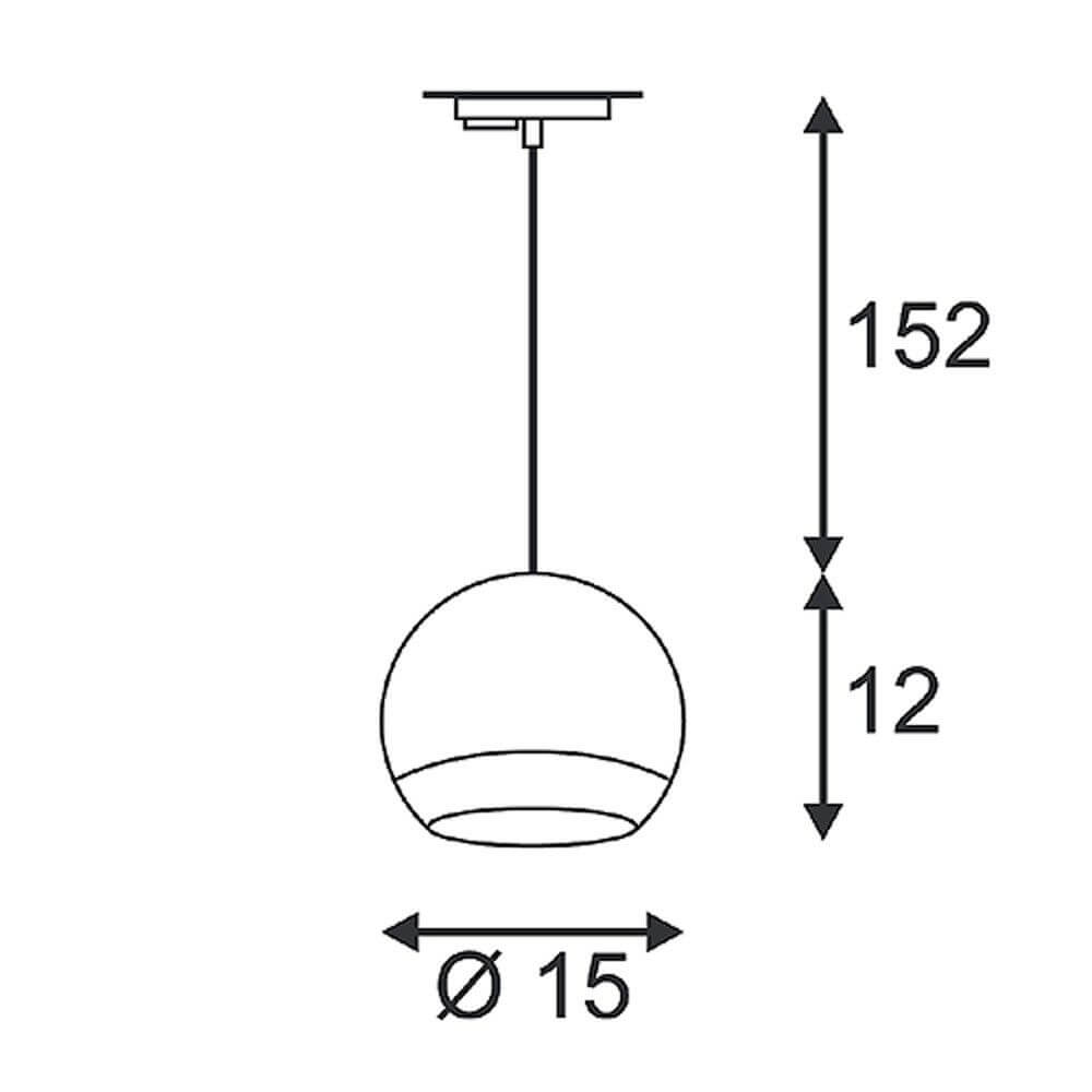 Light Eye 1-Phasen Pendelleuchte Weiß, Chrom technische Zeichnung mit Maßen und Durchmesser von 15 cm.