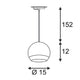 Light Eye 1-Phasen Pendelleuchte Weiß, Chrom technische Zeichnung mit Maßen und Durchmesser von 15 cm.