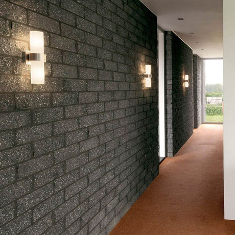 DENA II wall light brushed aluminum, glass partially satin-finished, 2x E14 max. 40W in a modern gray wall corridor