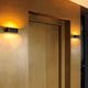 Moderne OSSA R7s Wandleuchte in Schwarz, elegant an der Wand montiert, mit warmem Licht auf goldener Wand.
