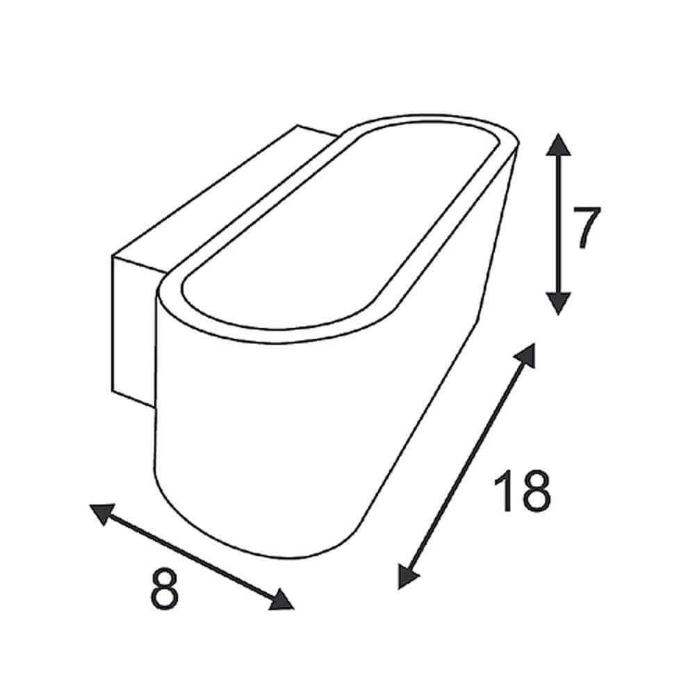 Technische Zeichnung der OSSA R7s Wandleuchte oval in Schwarz mit Abmessungen 18x8x7 cm.