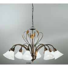 Elegant Campana Krone 8-armet Ø 77 cm med hvite lampeskjermer og dekorativ gullakcent.