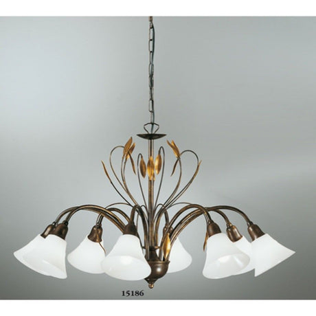Elegante Campana Krone a 8 luci Ø 77 cm con paralumi bianchi e decorativo accento dorato.