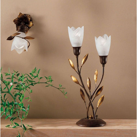 Campana Tischleuchte 2-flammig links 43cm mit floralem Design und eleganten Blättern.