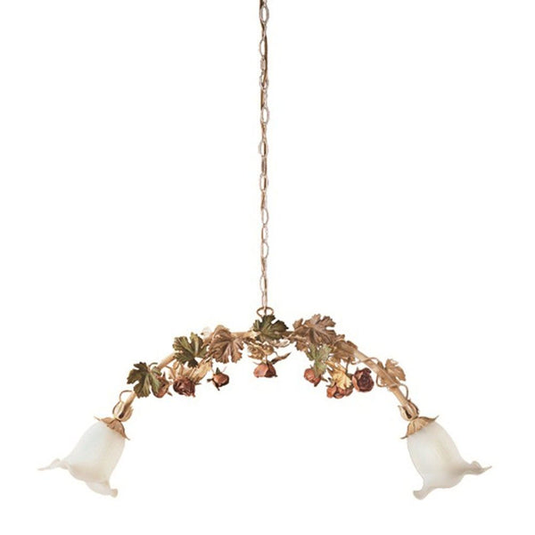 Roseto barra 2 luci bianco antico naturale/anticato lampada a sospensione con eleganti fiori e design a foglie.