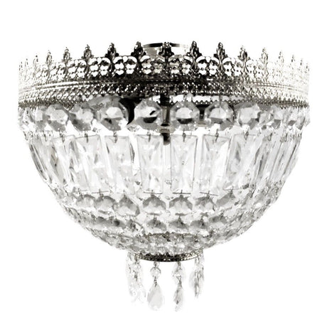 Lampa sufitowa Cupola Nickel 3-punktowa, błyszczący nikiel, Ø 40 cm, z kryształowym szkłem i metalową ozdobą.
