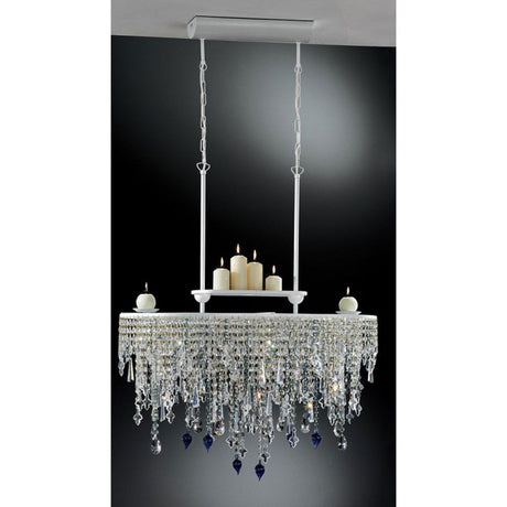 Lampada a sospensione White Dream a 4 luci ovale bianco brillante 95 cm con cristalli scintillanti e candele.