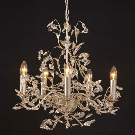 Buono Medium Iron Silver 5-pære hængende lys med elegant design og funklende krystal accenter.
