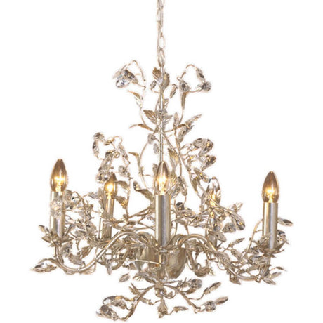 Buono Medium Iron Silver 5-pære hængelampe med blomstermotiver og elegant design.