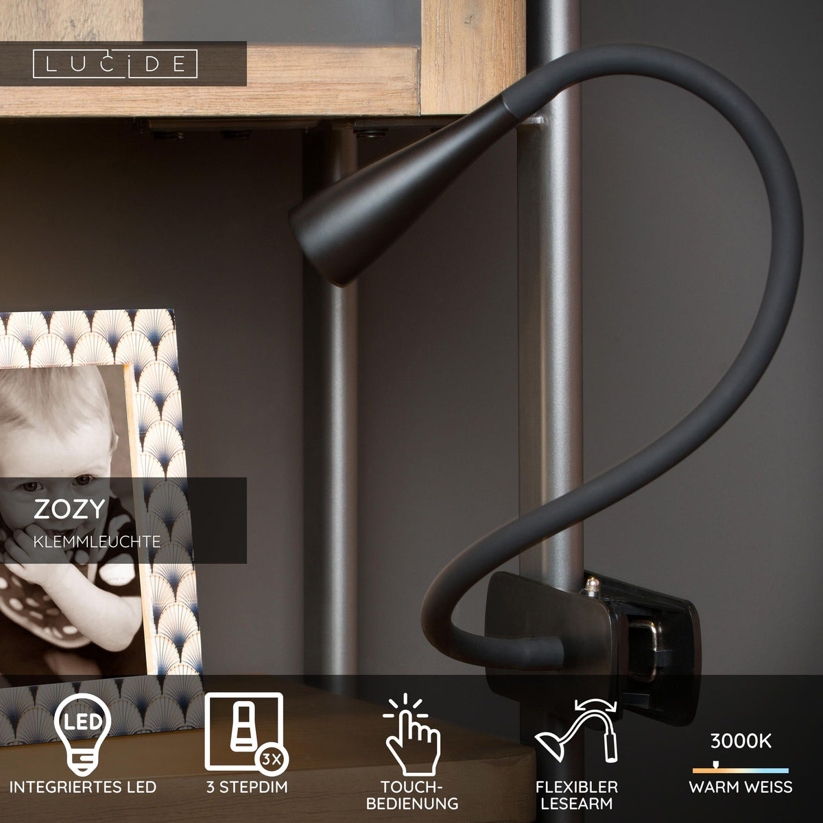 LED-Klemmleuchte Zozy mit Touchdimmer und flexiblem Arm Schwarz (6)