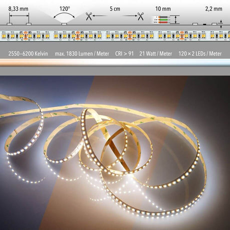 5m LED-strip 21 W/m warm to cool white IP20 on a reel, offers high flexibility and intense illumination.