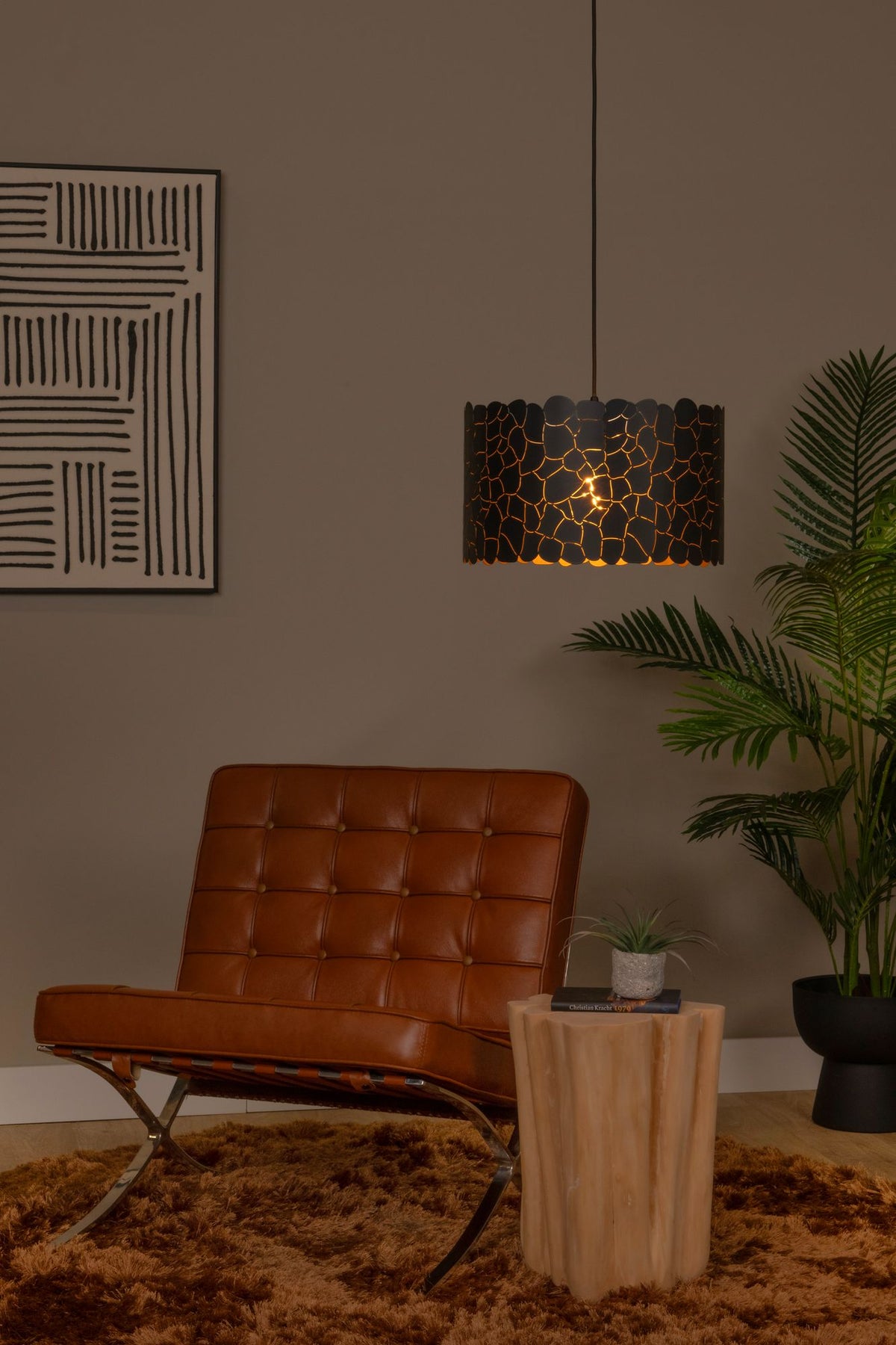 Lampada a sospensione Almelo in forma cilindrica con motivo giraffa, regolabile in altezza, nero, ottone 40cm (1)