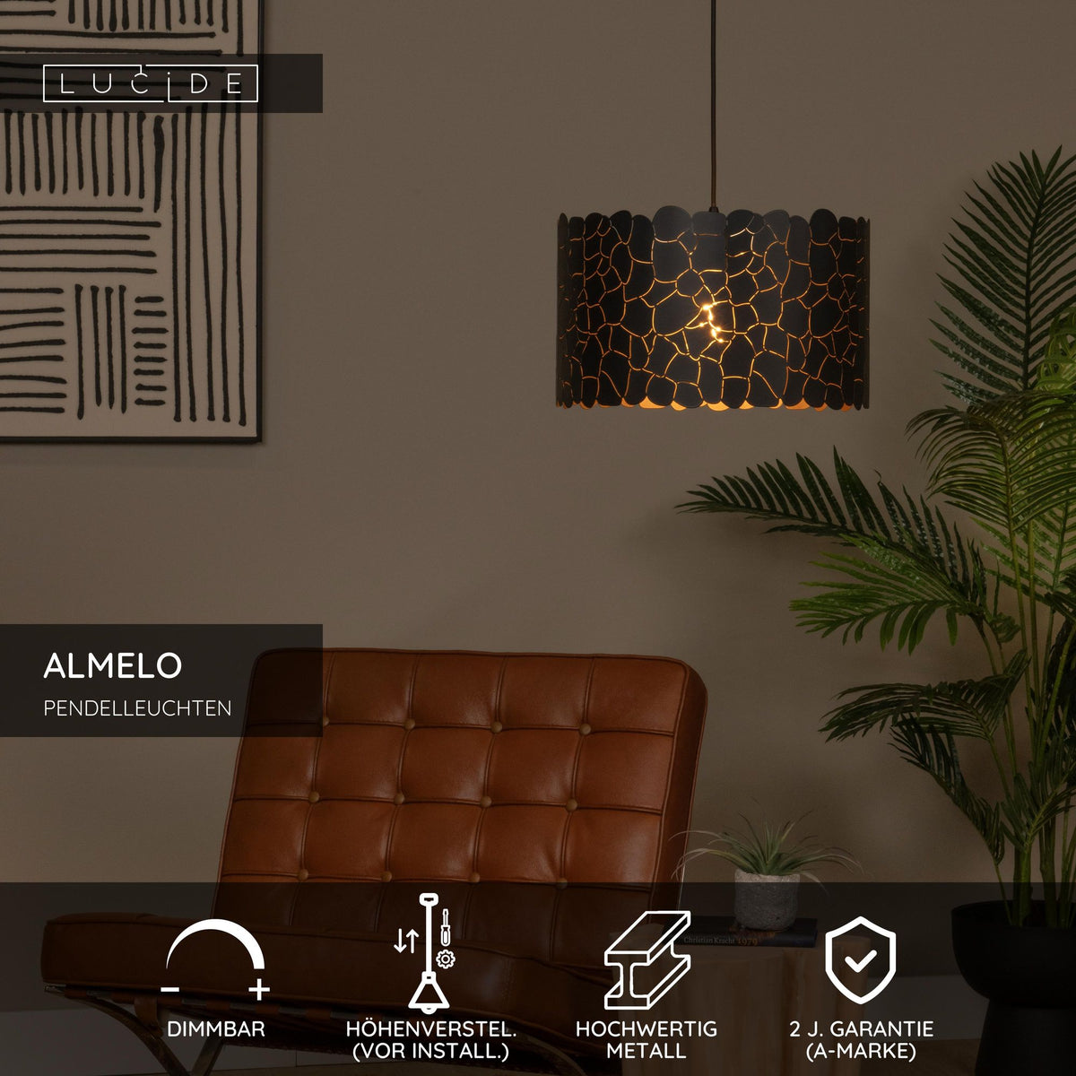 Lampada a sospensione Almelo in forma cilindrica con motivo giraffa, regolabile in altezza, nero, ottone 40cm (5)