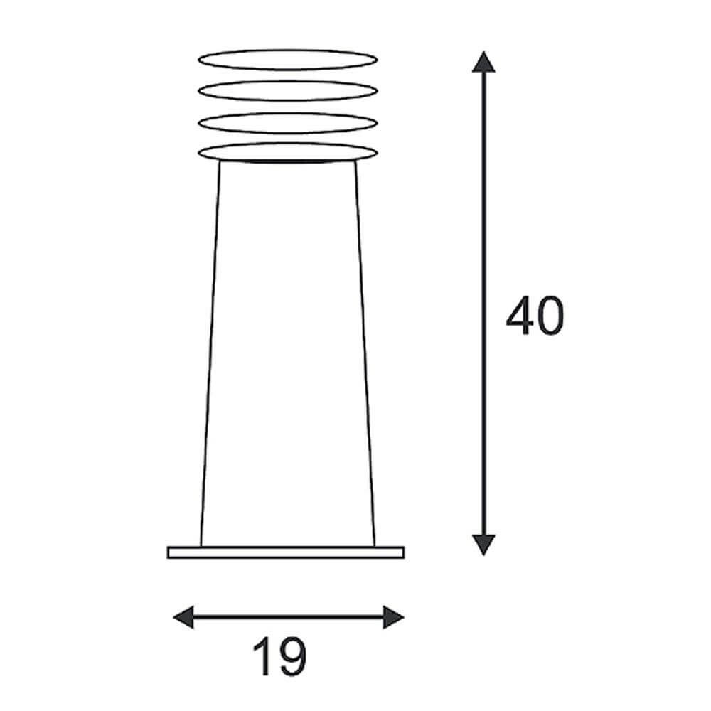 Maßzeichnung der Rusty 40 Außenleuchte, Höhe 40 cm, Durchmesser 19 cm, rostoptischer Standfuß.