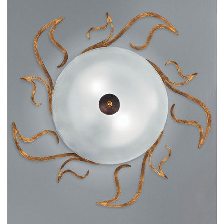 Amabile taklampe med 2 lyskilder, hvitt glass, Ø 60 cm, med gyldne dekorasjoner på veggen.