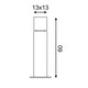 Technische Zeichnung der Square Pole 60 Stehleuchte eckig Edelstahl E27 max. 20W mit Abmessungen 13x13 cm.