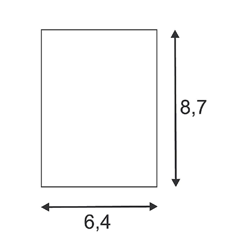 Abmessungen eines Rechtecks mit 6,4 cm Breite und 8,7 cm Höhe, leer und ohne Inhalt.