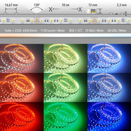 24 W/m RGB + CCT 5 in 1 LED 24V 5m LED-Strip IP20 in verschiedenen Farben und Funktionen, SMD 5050, IP20.