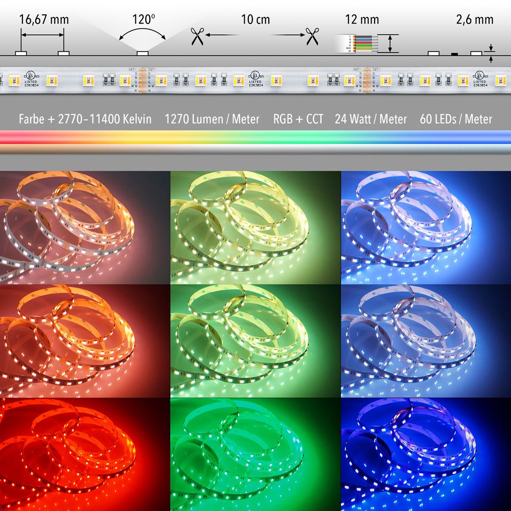 24 W/m RGB + CCT 5 in 1 LED-Strip IP63 mit verschiedenen Farben und Montagehinweisen, 12mm Breite, SMD 5050.