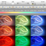 24 W/m RGB + CCT 5 in 1 LED-Strip IP63 mit verschiedenen Farben und Montagehinweisen, 12mm Breite, SMD 5050.