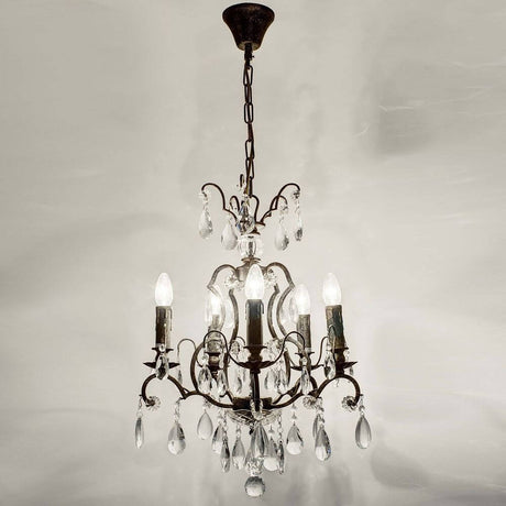 Hängeleuchte 5-flammig Cristallo Eisen Antikbraun-Gold mit Kristallen und antikem Design.