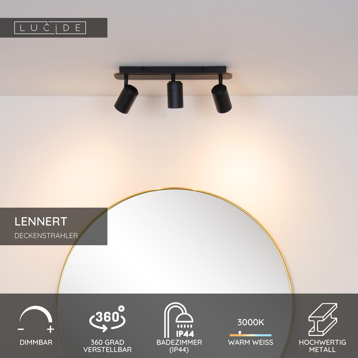 LED-Bad-Deckenspot Lennert 3-flammig dimmbar IP44 Schwarz (6)