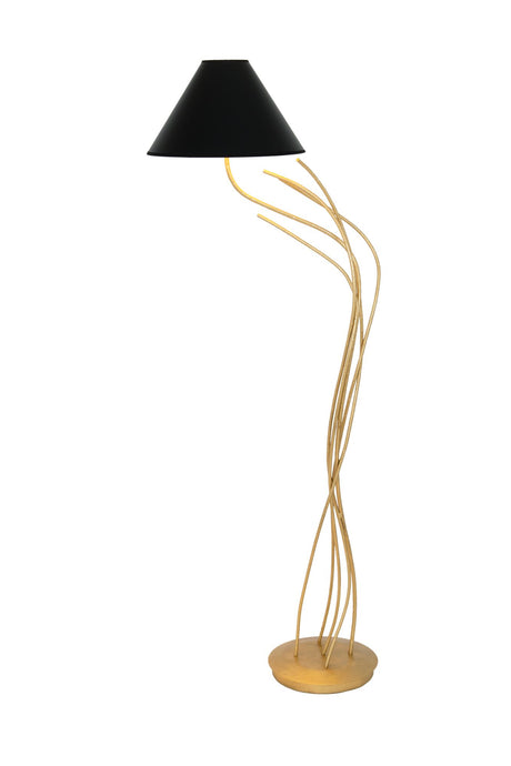 Stehlampe Ischia mit Schirm Rund 139 cm, schwarze Schirmleuchte mit goldfarbenem Eisenfuß und gehämmerter Oberfläche