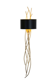 Wandleuchte Elba Lungo mit rundem schwarzem Schirm, goldenen Metallverzierungen und Astdesign, 32x21cm