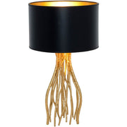 Lámpara de mesa Capri pequeña de metal dorado-negro con ramas doradas y pantalla negra.