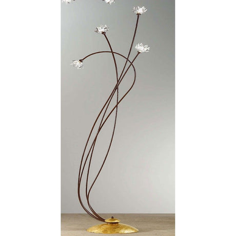 Lampa podłogowa Fiorella Gold 4-punktowa z ramionami w stylu antycznego rdzy, 173 cm, o eleganckim designie i czterema oprawami w kształcie kwiatów.