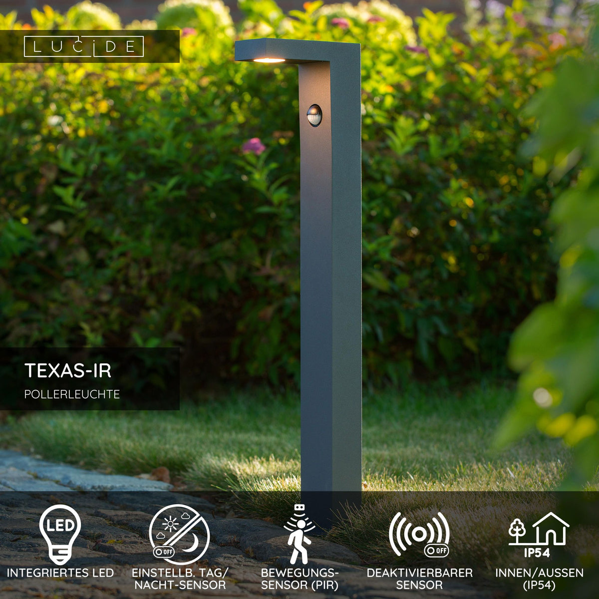 LED-Pollerleuchte Texas-Ir mit Bewegungsmelder IP54 Anthrazit (4)