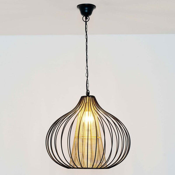 Pendelleuchte Capello Gross Eisen Schwarz-Gold, elegante Hängeleuchte mit schwarzem Eisenschirm und goldener Innenfläche