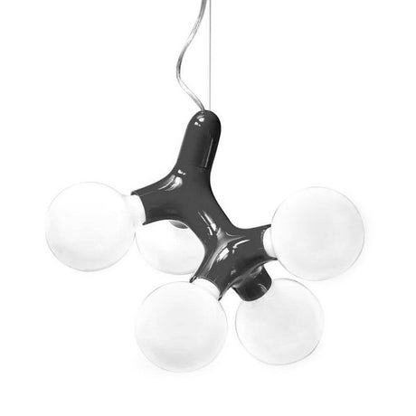 Lampada a sospensione DNA Double-5 nera con fonti luminose bianche in forma organica.
