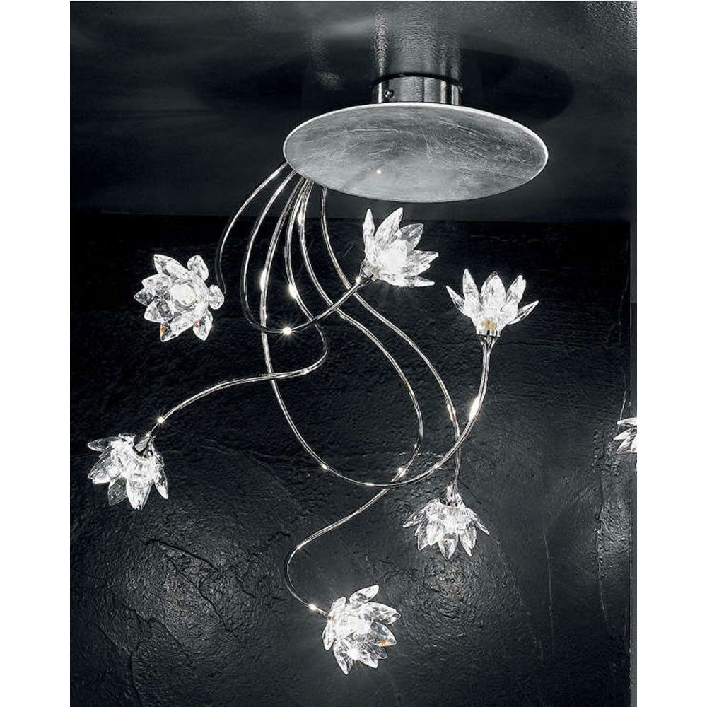 Fiorella Silber Deckenleuchte 6-flammig Arme Chrom Ø 35cm mit Kristallblüten und chromfarbenem Deckensockel.