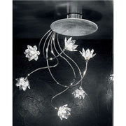 Fiorella Silber Deckenleuchte 6-flammig Arme Chrom Ø 35cm mit Kristallblüten und chromfarbenem Deckensockel.