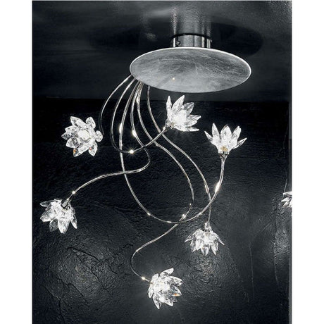Fiorella plafoniera in argento a 6 luci con bracci cromati Ø 35 cm, fiori in cristallo e base a soffitto color cromo.