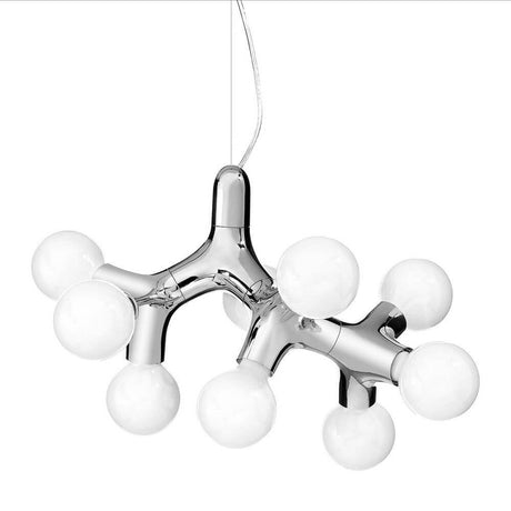 Lampada a sospensione DNA Quattro-9.2 beige con diverse lampadine bianche e design cromato.
