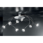 Plafoniera Fiorella argento a 8 luci con bracci cromati, 84 cm, con elegante design a fiori luminosi.